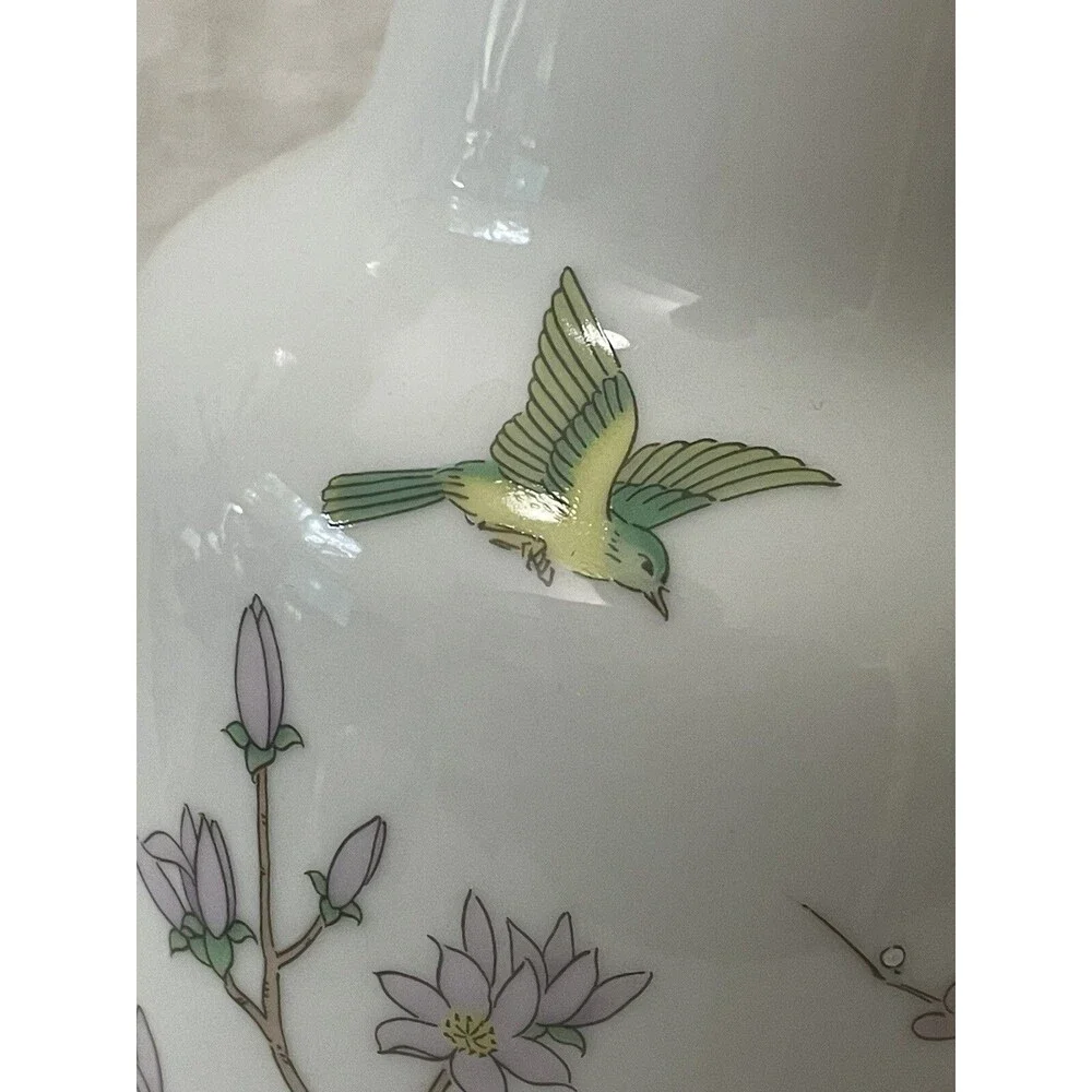 Enesco Vintage 1983 Japan Gold Trimmed Base 10” Green Pink Flowers Birds Blossom